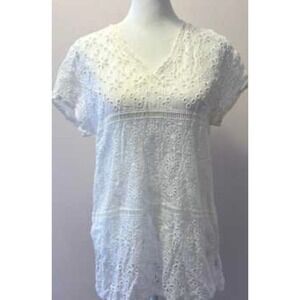 Johnny Was White Eyelet V-Neck‎ Blouse Women's XS